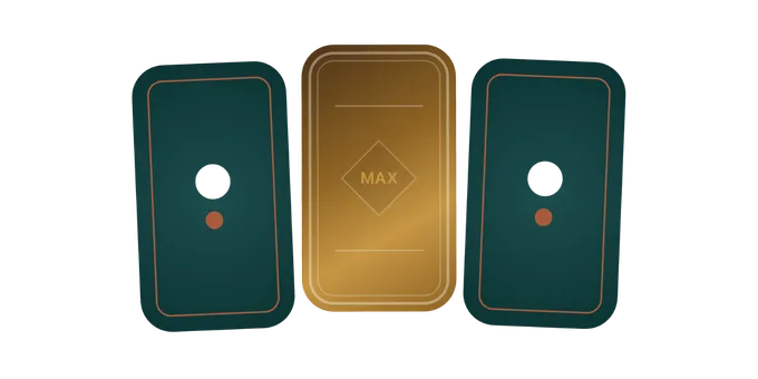 Three face down relief cards, two in deep teal and one gold Max card in the middle