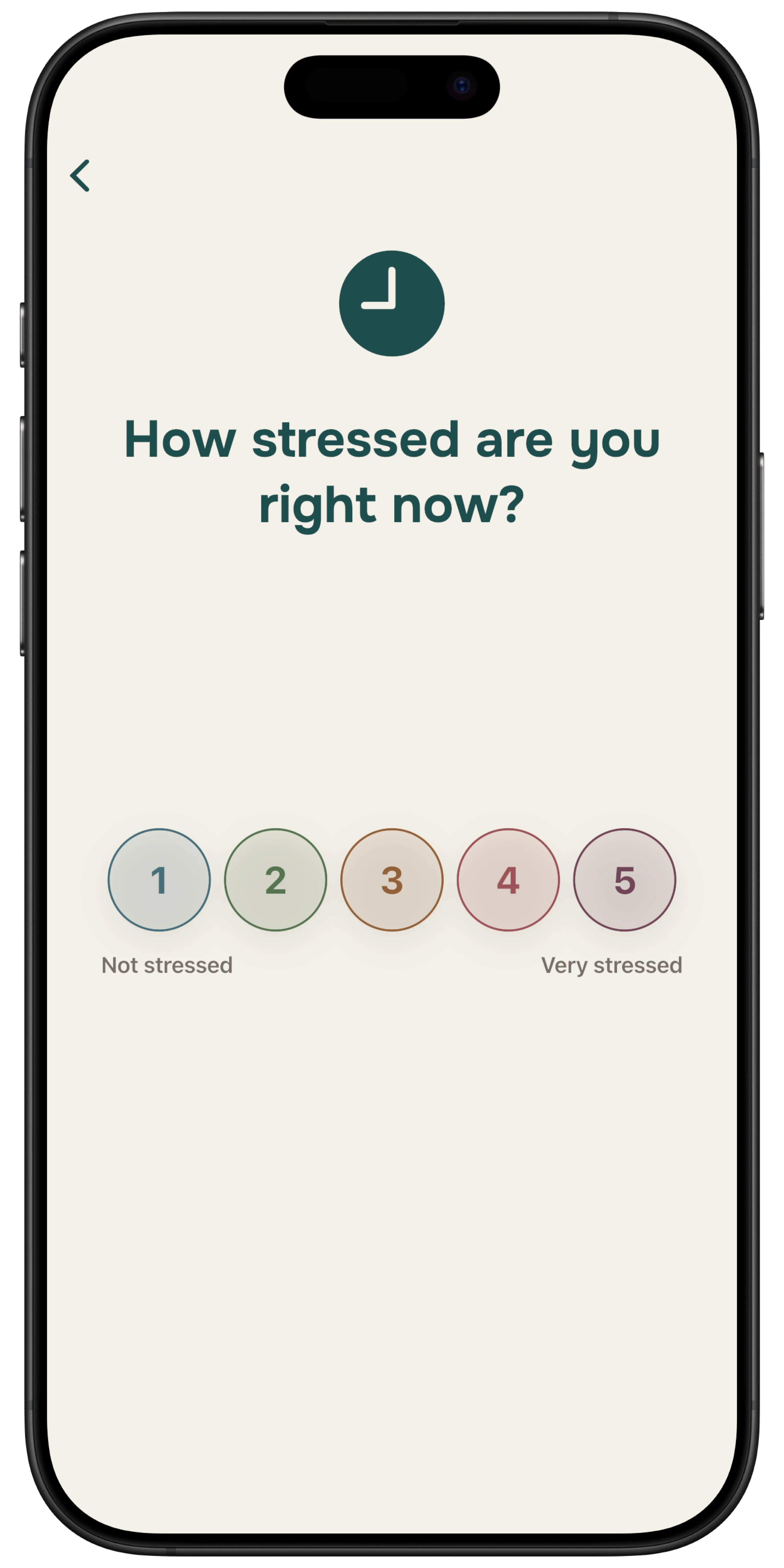 Stress Less check-in screen with a five point stress scale and a space for a short note