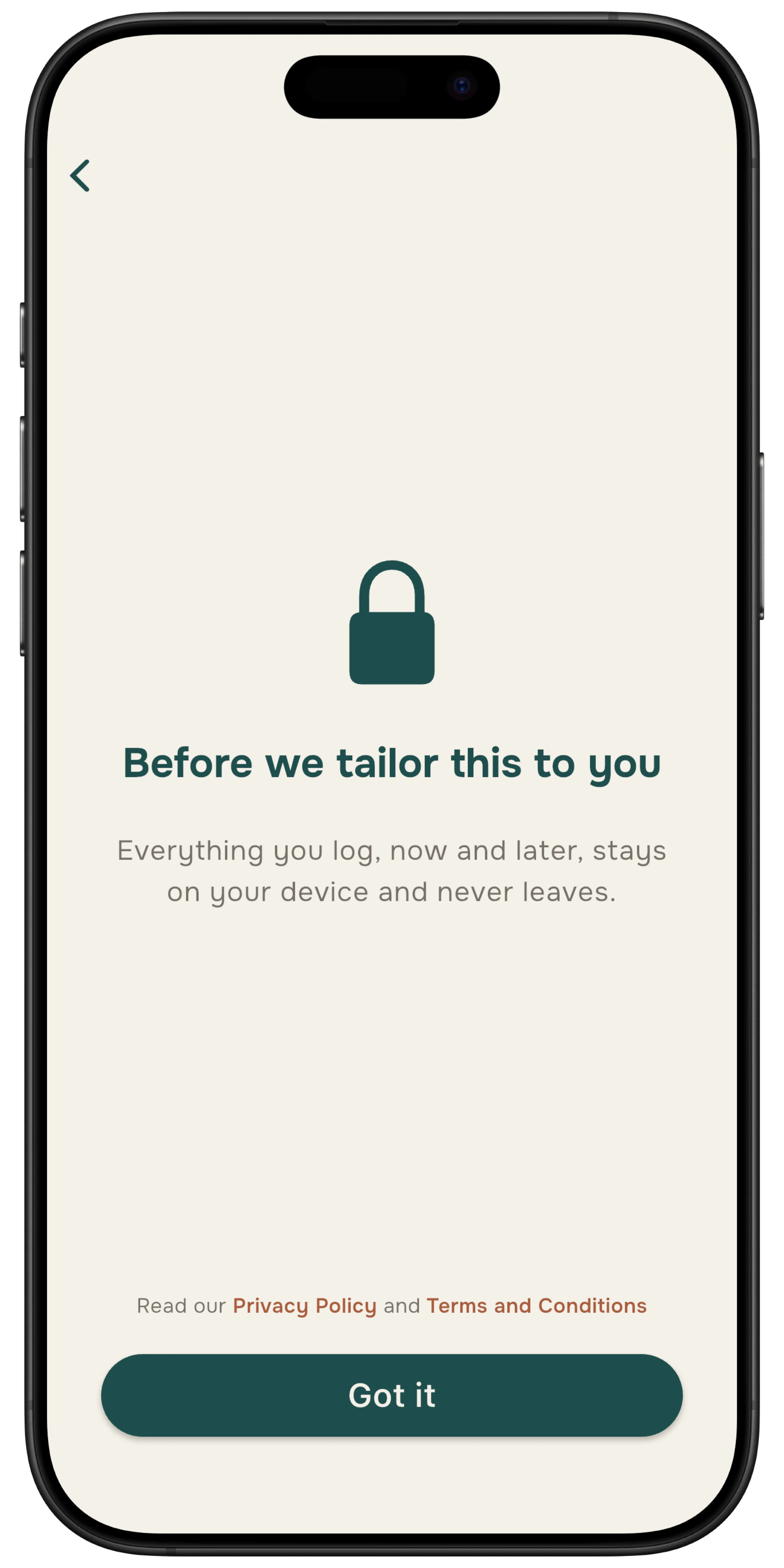 Stress Less privacy screen explaining that stress data stays on your device