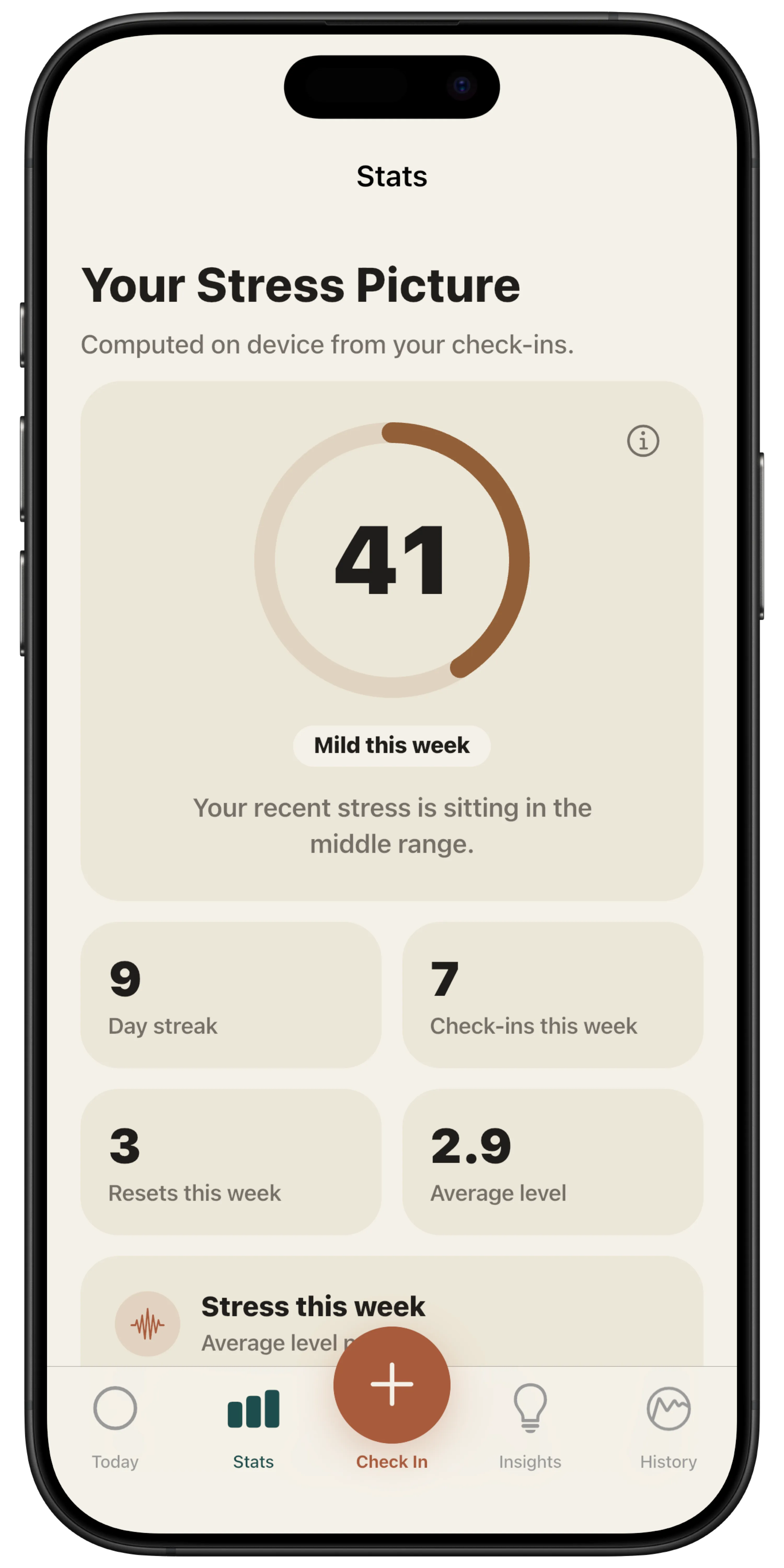 Stress Less stats screen showing a stress score of 41 described as mild this week