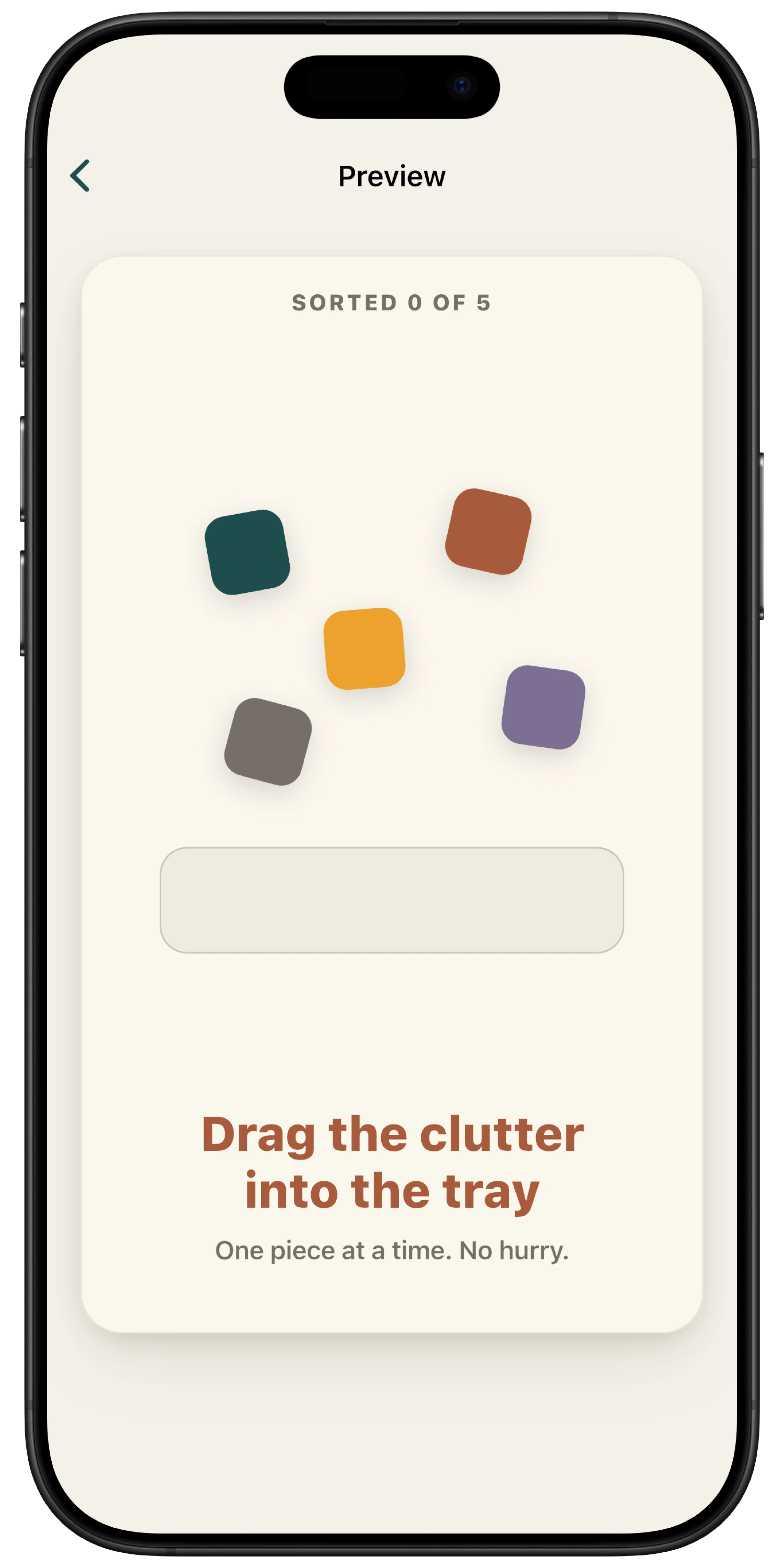 Stress Less interactive relief card asking you to drag pieces of clutter into a tray