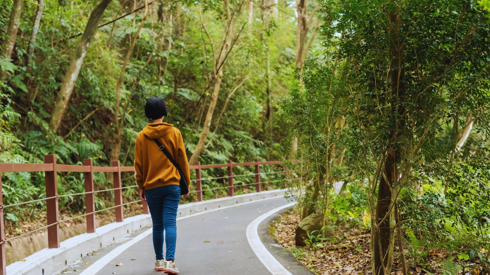 A person walking outside on a tree-lined path in late afternoon light, conveying a calm Sunday reset.