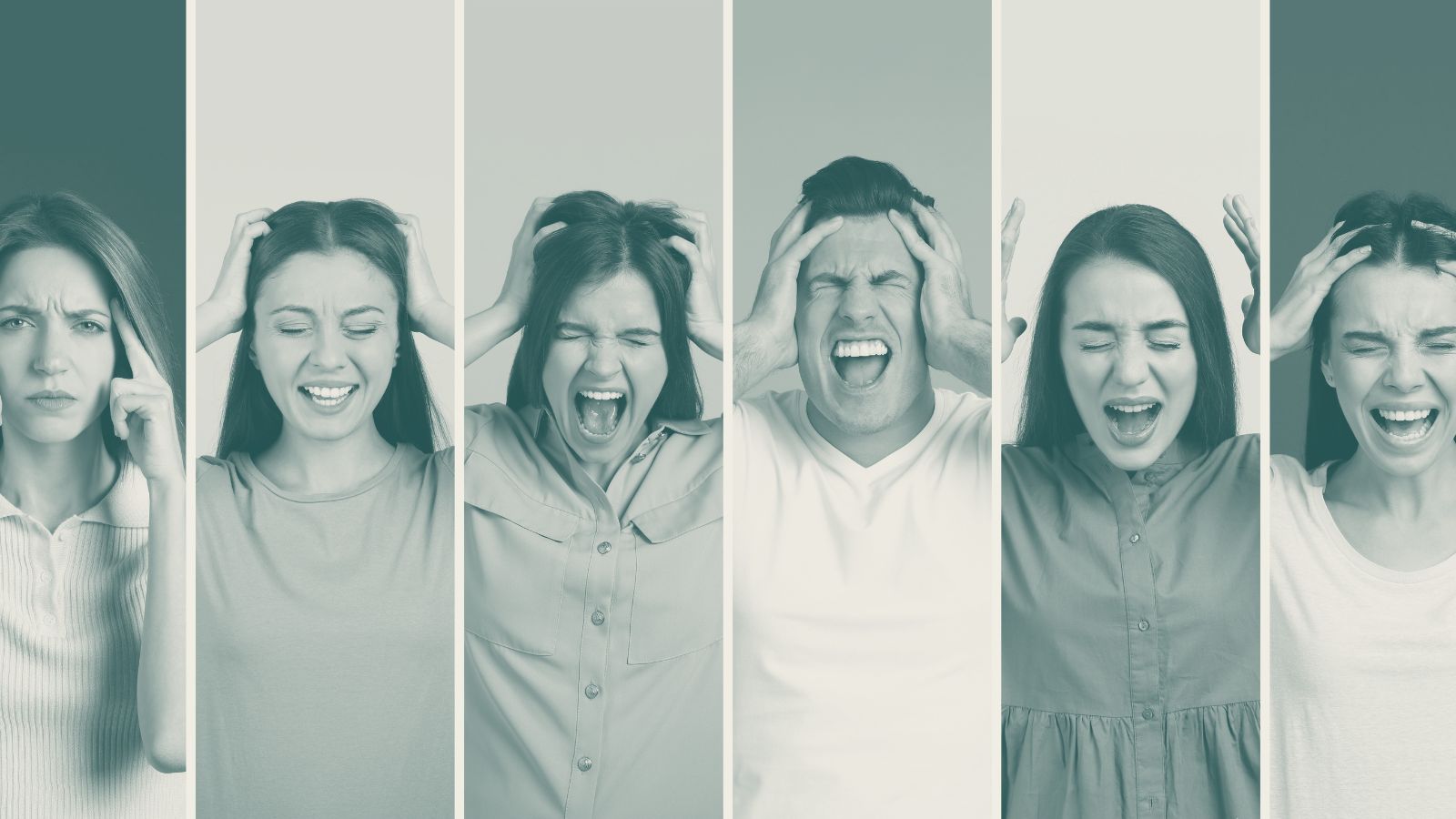 Six portraits of people showing different stress expressions, each on a different colored background.