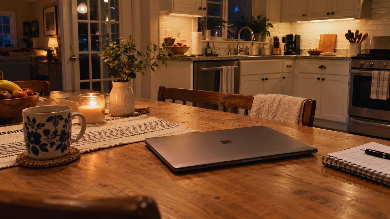 A closed laptop on a kitchen table in the evening, beside a lit candle, a mug and a notebook, with the kitchen warmly lit behind it.