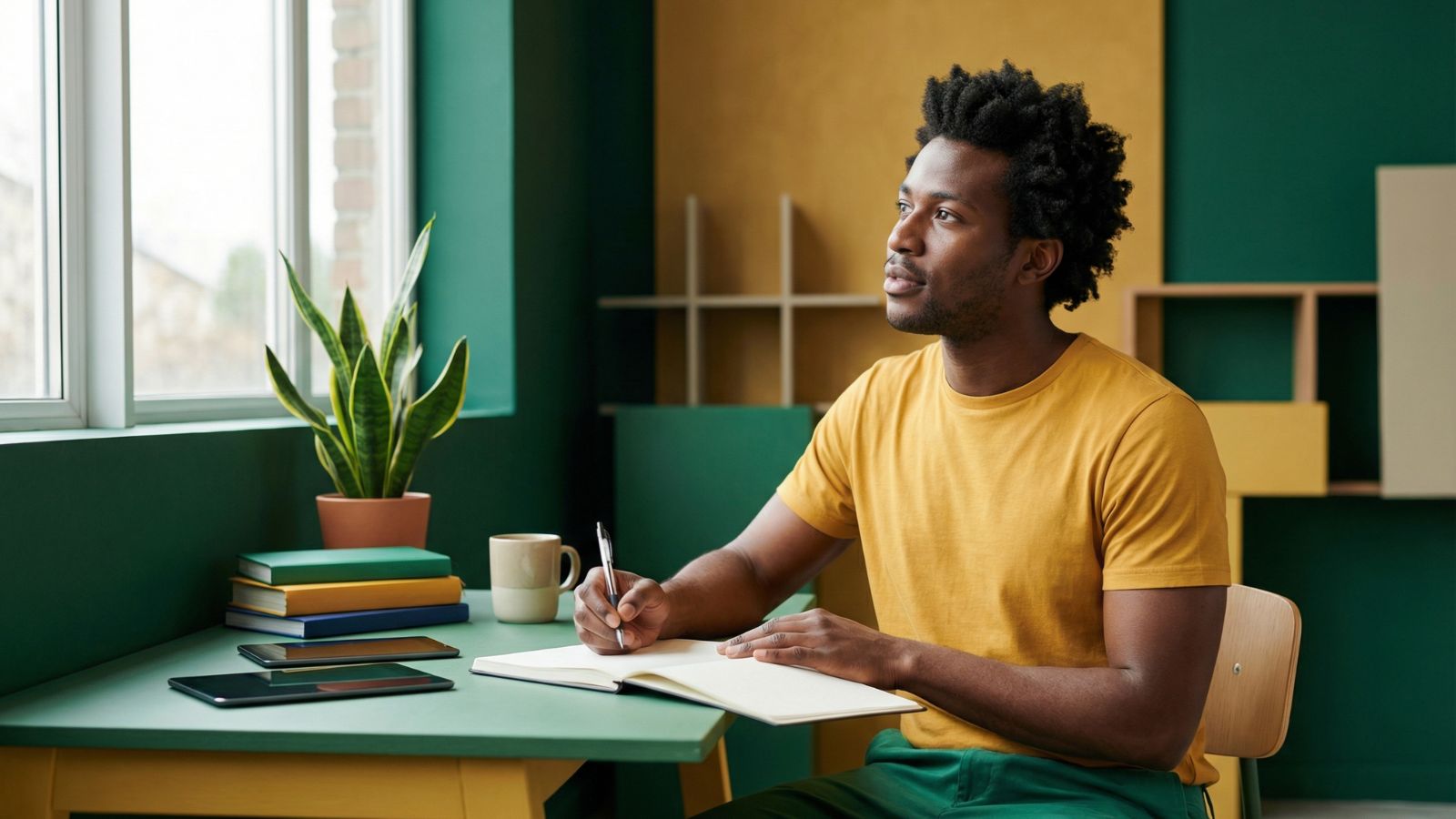 A person writing a short entry in a notebook at a desk, with a cup of coffee within reach.