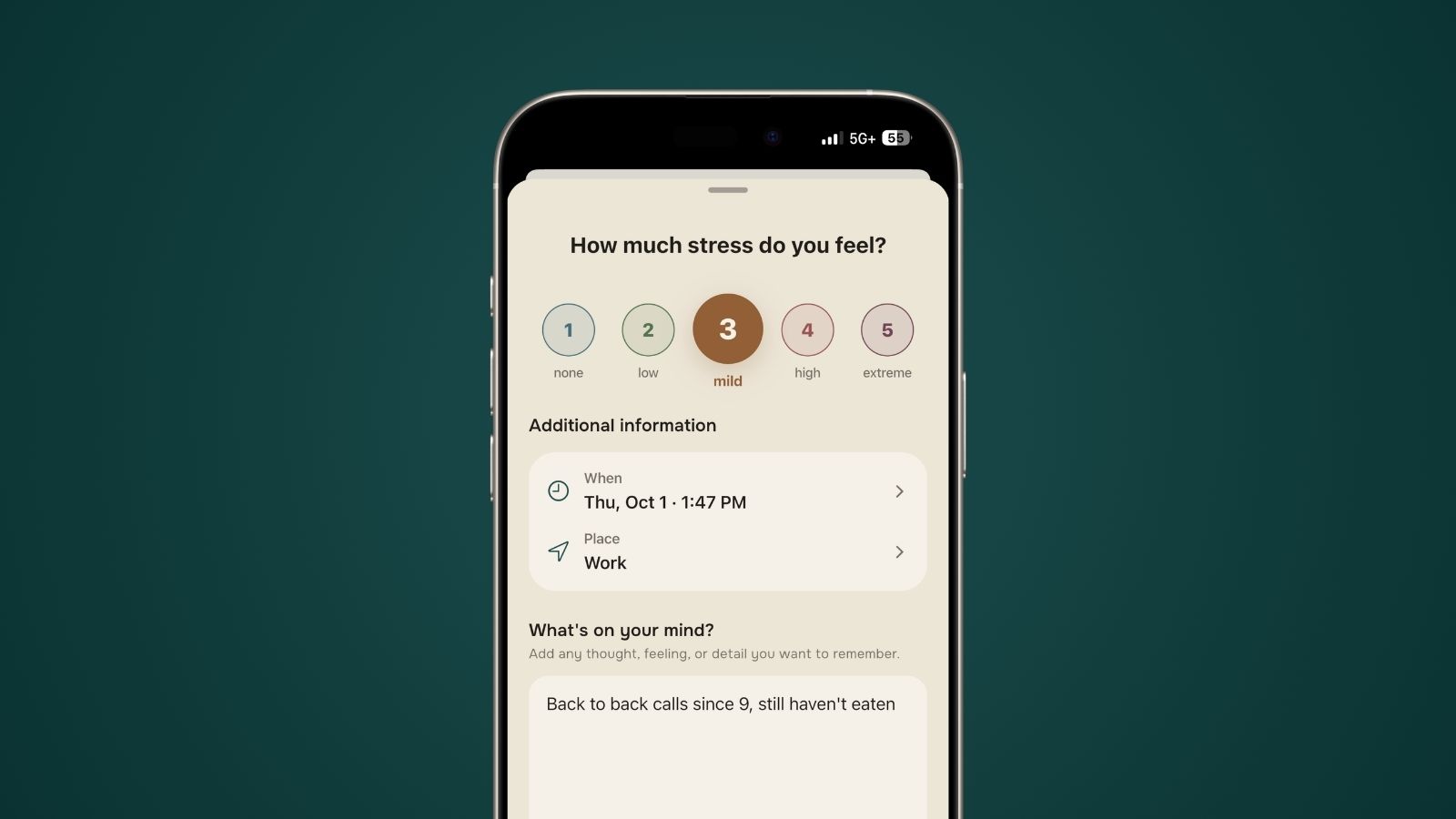The Stress Less check-in screen asking how much stress you feel, with level 3 of 5 selected and labelled mild. Below it the entry records Thursday 1:47 PM at work, with the note: back to back calls since 9, still haven’t eaten.