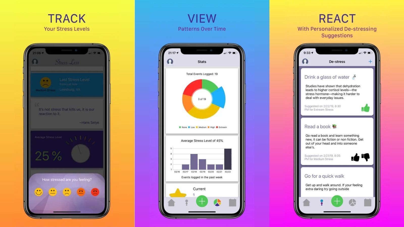 A screenshot from the original 2019 version of Stress Less, showing the old script wordmark and the colorful gradient interface.