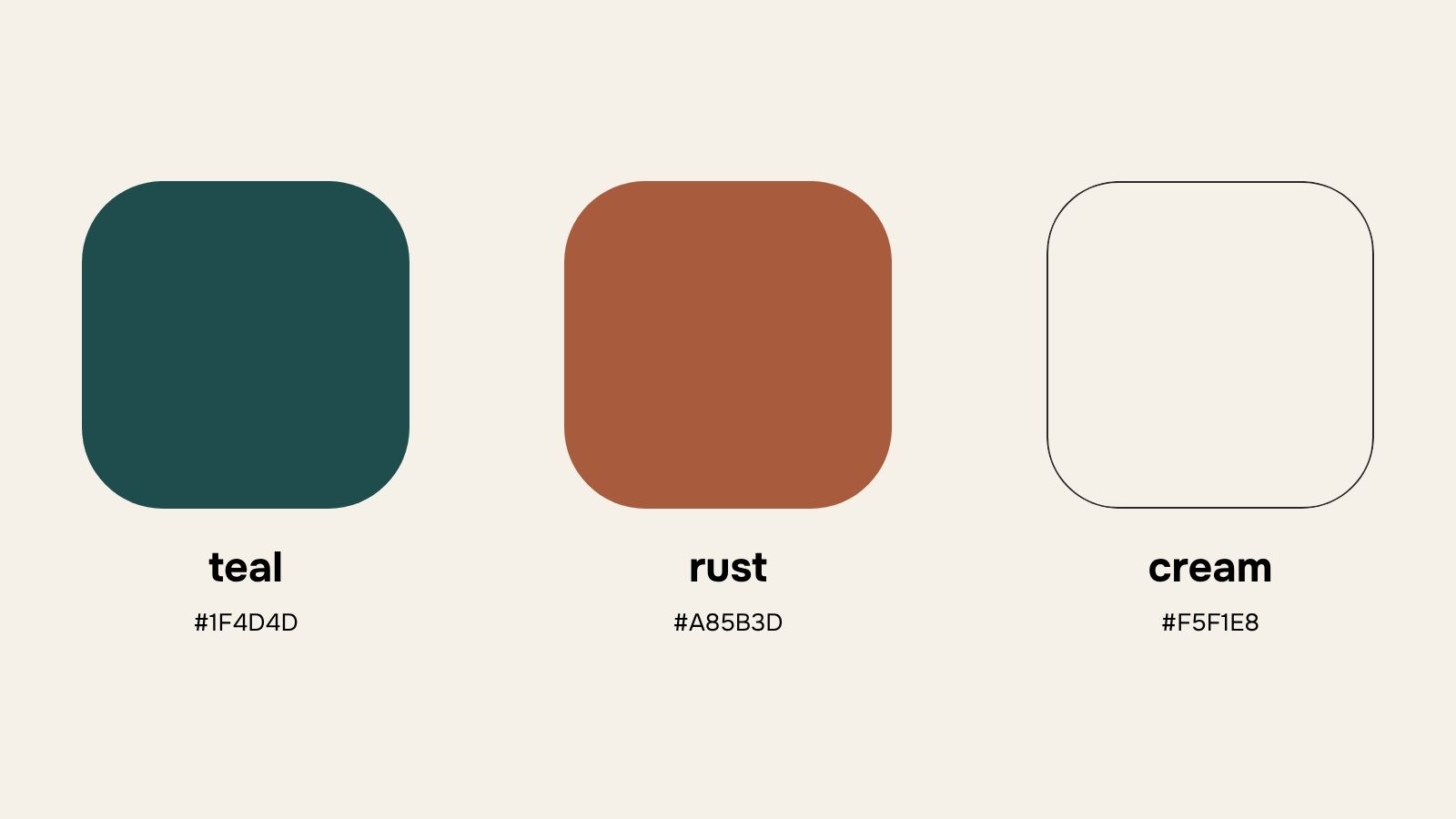 The new Stress Less color palette: cream (#F5F1E8), deep teal (#1F4D4D), and rust (#A85B3D), shown as three swatches with hex codes.