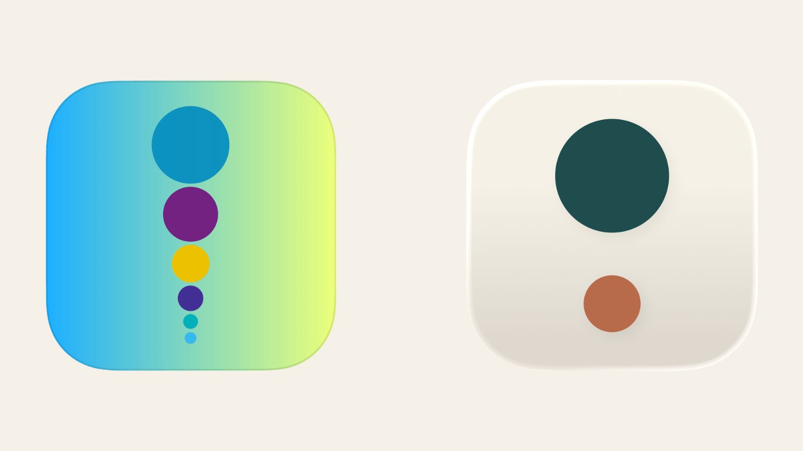 The old Stress Less logo, six dots in different colors stacked vertically on a gradient background, shown beside the new logo, two stacked dots in deep teal and rust above the Stress Less wordmark on a cream background.