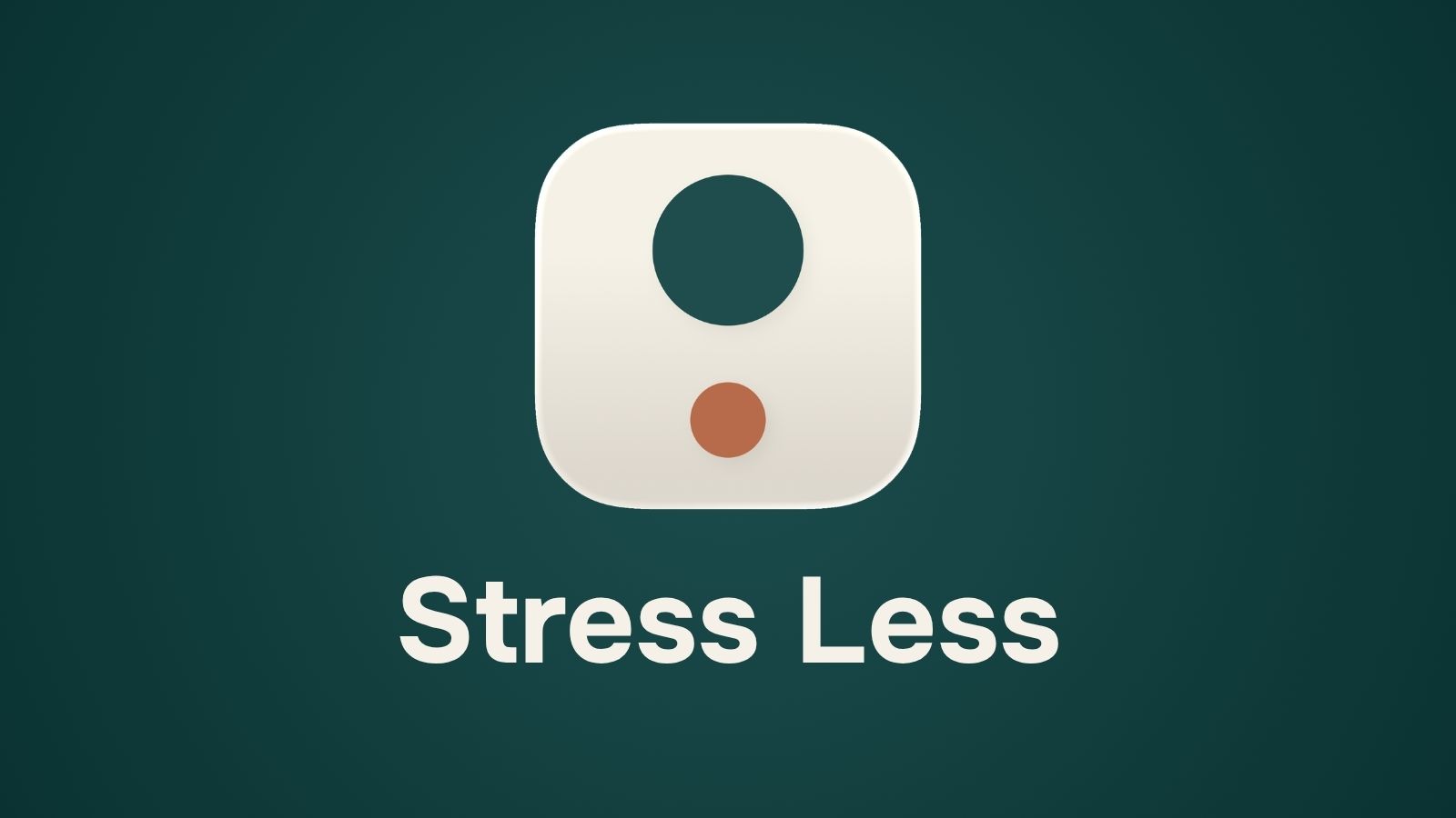 The new Stress Less logo: two stacked dots, larger teal above smaller rust, with the 'Stress Less' wordmark beneath in dark teal on a cream background.